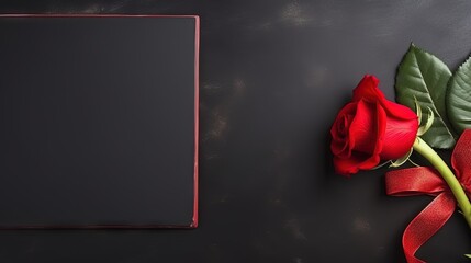 St Valentine's Day concept.Red rose and chalkboard with text Happy Valentine's Day.