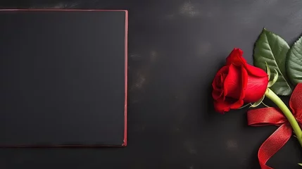 Fotobehang St Valentine's Day concept.Red rose and chalkboard with text Happy Valentine's Day. © HN Works