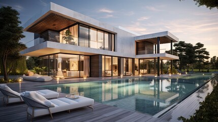 Fototapeta premium 3D rendering of an upscale modern villa with pool and garden