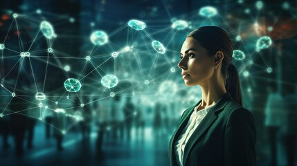a woman in a business suit looking at a network of dots - obrazy, fototapety, plakaty