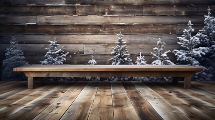 Wooden plank floor with snowfall scene. Generative AI.