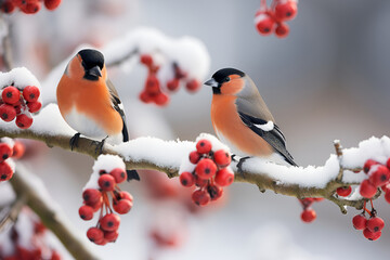 Two beautiful male bullfinches sitting on a winter branch of a mountain ash tree. Generative AI