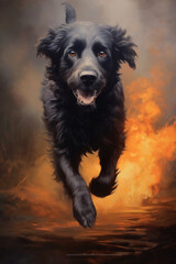 A black dog running through the fire. Stunning illustration, generated with Ai