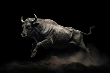Corrida. Black bull running in the clouds of dust, stunning illustration, dark background	
