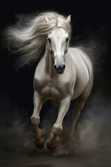 Fototapeta premium Gorgeous white horse galloping through the smoke, stunning illustration generated by Ai