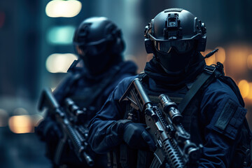Fototapeta premium SWAT squad in action. Photorealistic illustration. Generative art