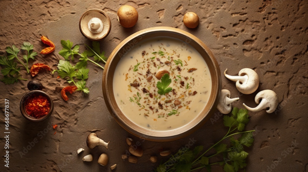 Poster mushroom soup with dried porcini mushrooms, bay leaf and pepper on rustic table texture background. 