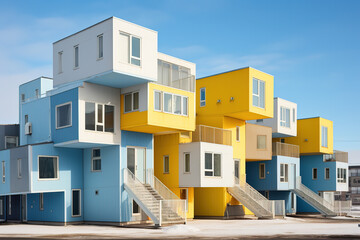 Residential apartments buildings, cubic style, summer colors