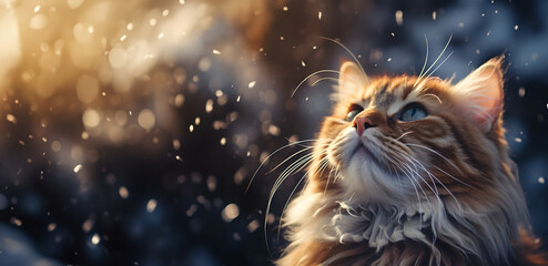 Generative AI. ginger cat watches snowflakes fall outside. Banner