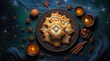 Traditional middle eastern dessert baklava in shape of moon and star . Ramadan background with sweets and lantern , Top view, flat lay , copy space