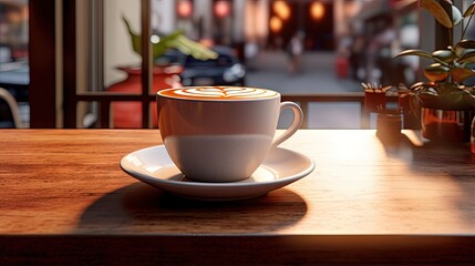 Coffee table, mug or empty store, restaurant or diner cafe for beverage service, drink sales or hospitality industry. Tea cup, commerce market shop or startup small business with hot chocolate latte