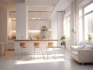 light luxury interior design of a modern apartment in a minimalist style. daylight inside the kitchen and living room