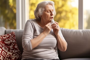 Elderly woman touching her chest in pain and breathing through an inhaler for asthma