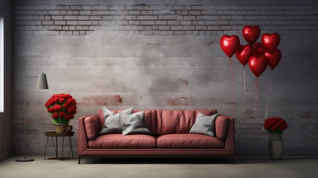 Fototapeta Interior of room decorated for Valentine's day with air balloons and comfortable sofas near grey brick wall