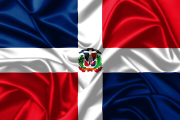 Dominican Republic waving flag close up satin texture background