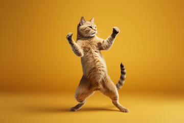 ginger cat standing on hind legs dancing isolated on plain yellow studio background
