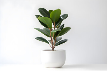 Rubber tree in a white pot, fresh leaves on a white background.