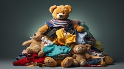 Stack of old baby children clothes,teddy bear toys,sneakers sorted into Donate categories.Donation,volunteering help,humanitarian aid.charity on gray background still life.Recycle clothing,eco cotton.