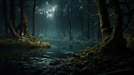 Fototapeten Dark magic forest with a lake © HN Works