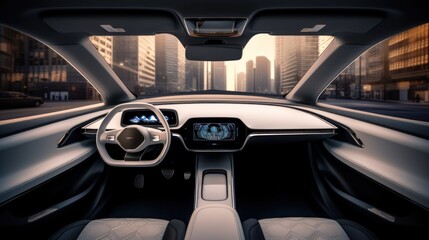 Interior of an automatic car Driverless vehicle, 3D image telephoto lens natural lighting - Powered by Adobe
