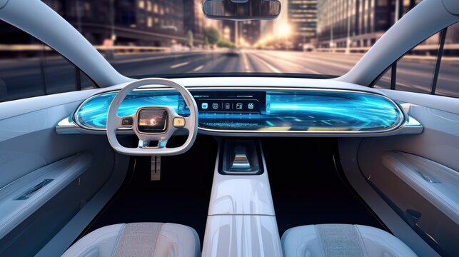 Fototapeta Interior of an automatic car Driverless vehicle, 3D image telephoto lens natural lighting