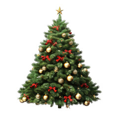 Beautiful isolated christmas tree decorated with golden balls and red bows on a cutout PNG transparent background