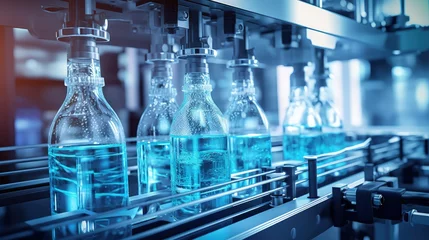 Foto op Plexiglas Automatic filling machine pours water into plastic PET bottles at modern beverage plant. © HN Works
