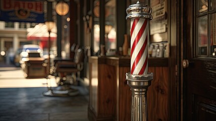 Vintage barbershop pole with the barbershop sign in the background. - obrazy, fototapety, plakaty