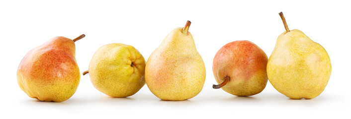Five ripe Abate Pears in a row isolated on white background.