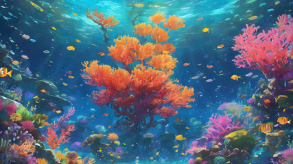 Fototapeta na wymiar Journey to the Underwater Realm: A 2D Blue Illustration of Marine Life, Coral Reefs, and Diverse Ocean Wildlife