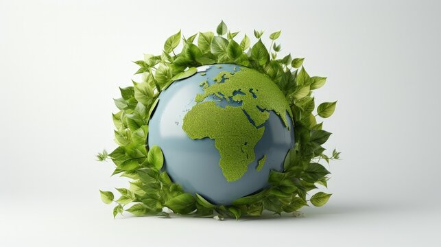 Invest in our planet. Earth day 2022 3d concept background. Ecology concept. Design with 3d globe map drawing and leaves isolated on white background.
