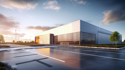 Modern new factory building with empty asphalt floor. 3d rendering - Powered by Adobe