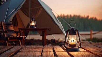 Wooden table with lantern outside tent on camping site,holiday vacation concept.minimal style.3d rendering.