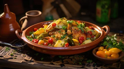 Keuken spatwand met foto Moroccan tagine served chicken meat tajine local traditional dish recipe with ingredients learn how to cook cooking class book school in Marrakech Morocco © HN Works