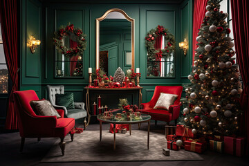 Room decorated in New Year's or Christmas style in red and green colours with mirror on the wall