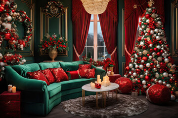 Room decorated in New Year's or Christmas style 