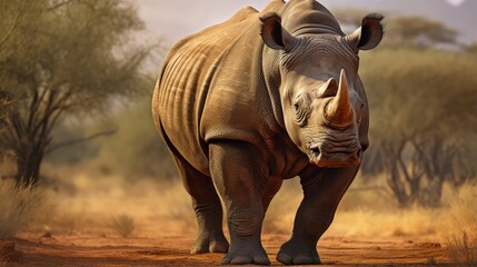 portrait of a large african rhino standing in front of a brown b