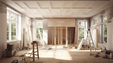 3D rendering of a house interior under renovation works - obrazy, fototapety, plakaty