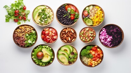Fototapeta na wymiar Healthy vegetarian and vegan salads and Buddha Bowls with vitamins, antioxidants, protein on light background. Top view, copy space