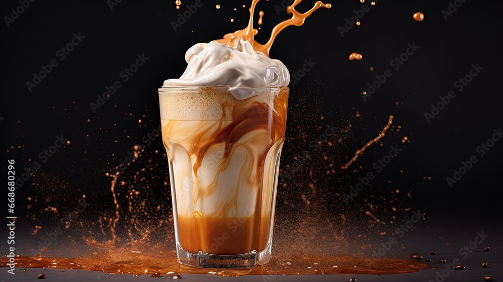 Poster Ice coffee latte with cream being poured into it showing the texture and refreshing look of the drink, with a clean background.