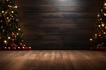 Christmas wooden wall background, dark parquet floor with garlands - obrazy, fototapety, plakaty