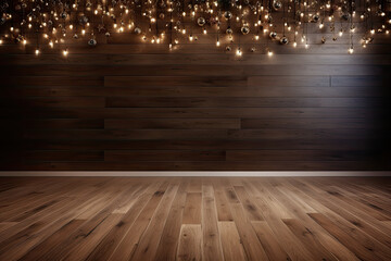 Christmas wooden wall background, dark parquet floor with garlands and free space - obrazy, fototapety, plakaty