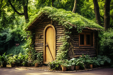 Storage shed for gardening tools in a beautiful green botanical garden. Garden hut in the backyard of a house in the middle of the forest. Generative AI