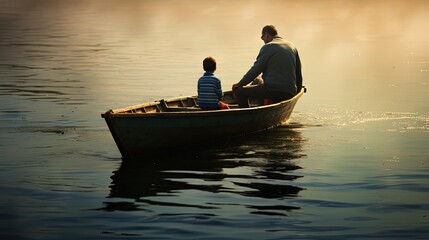 Blur and Noise image of father and his son at wooden boat, silluet