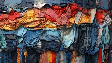Fabric scraps, old clothing and textiles are cut into strips and grouped tightly together, forming layers of disheveled cloth. Closeup design resembles up-cycled textile, blanket, rug or pillow.
