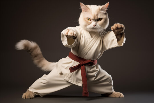 serious white cat doing martial arts karate pose wearing dobok and brown belt, isolated on plain dark gray studio background