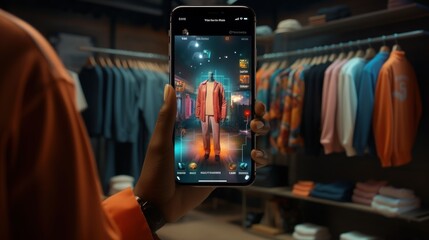 Woman in VR headset selects clothes in online store Futuristic 3D Hologram Widget
