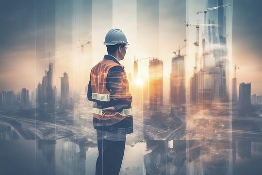 Double exposure image of construction worker holding safety helmet and construction the background of surreal construction site in the city.AI generated
