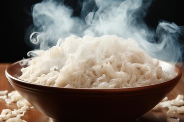 Rice noodles in bowl, steaming, appetizing.