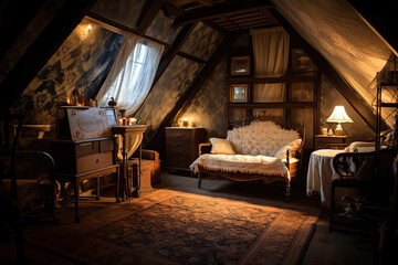 The design of the attic floor is reminiscent of Victorian elegance. Ornate wallpaper, antique...